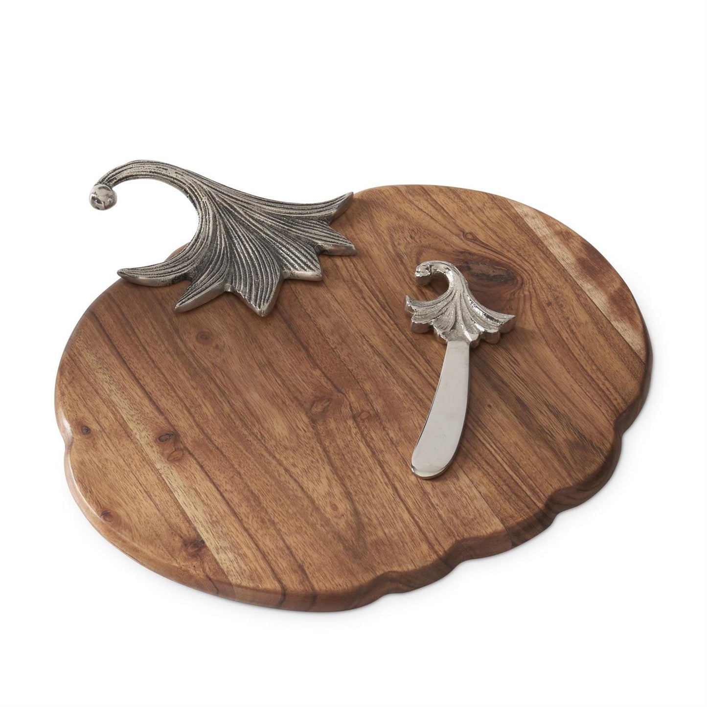 WOOD PUMPKIN CHEESE TRAY W/METAL STEM & SPREADER