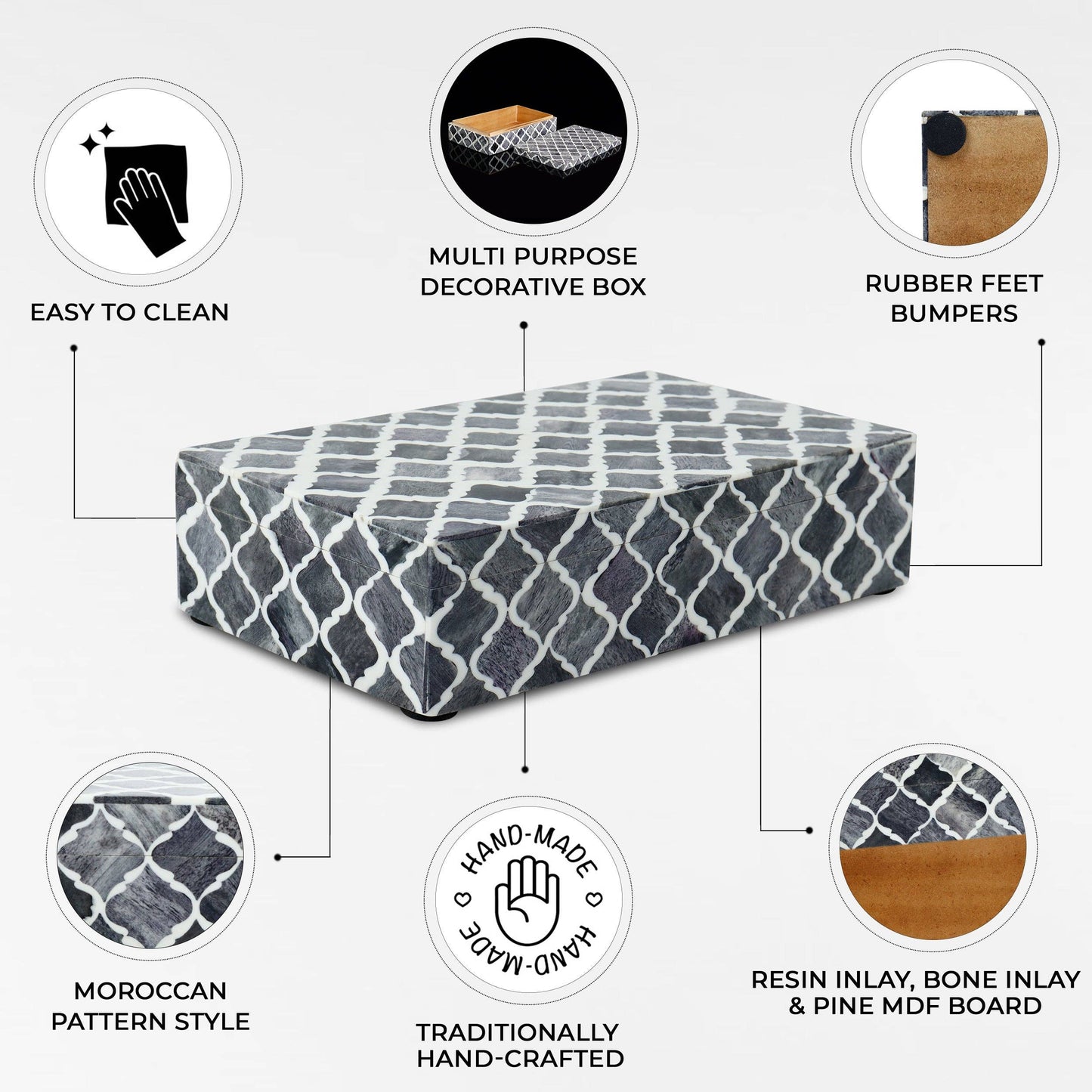 Decorative Box Moroccan Grey & White 10x6x2.5 Inch: Moroccan Grey