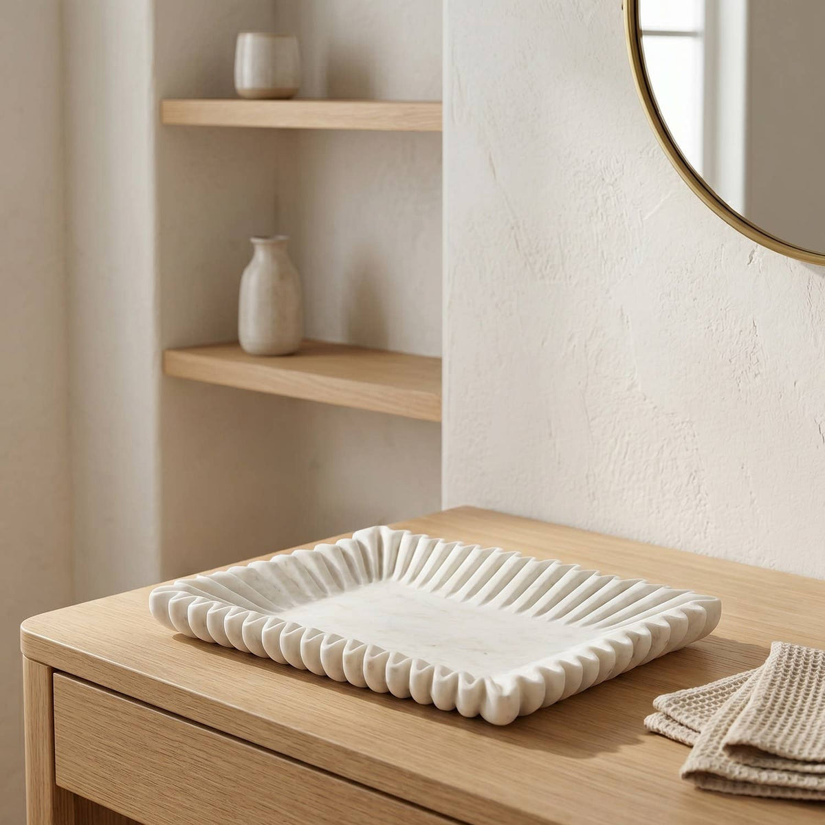 Fluted White Marble Tray Large