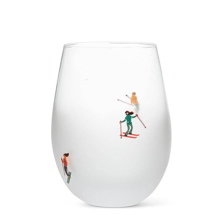 Frosted Skier Stemless Wine Glass