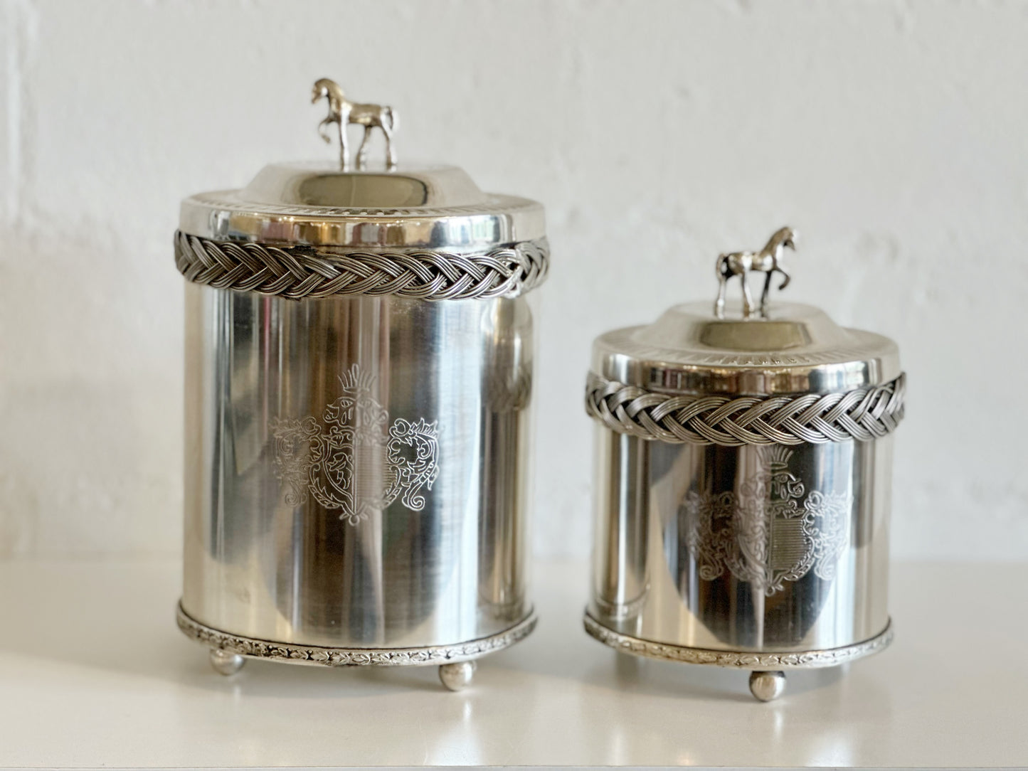 Antique Silver Style Braided Canister with Horse