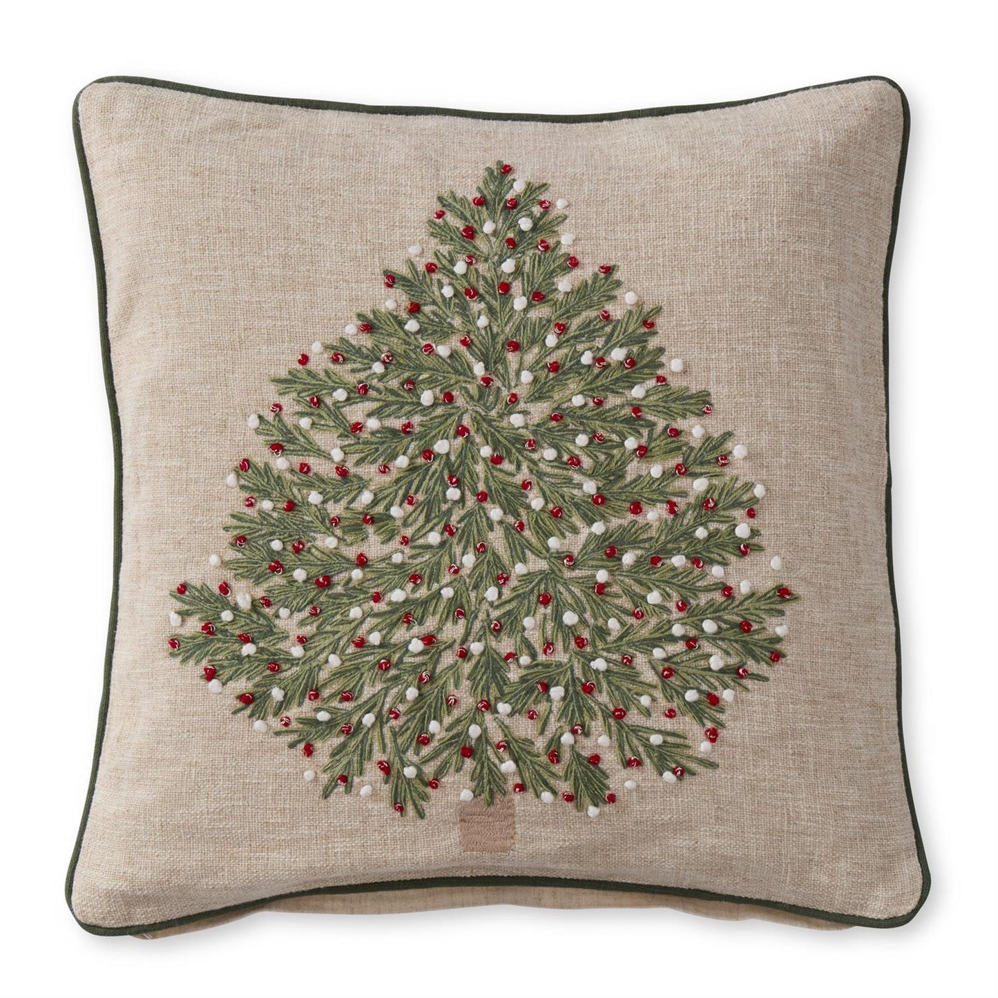 Tan Christmas Tree Pillow w/Red & White Ornaments