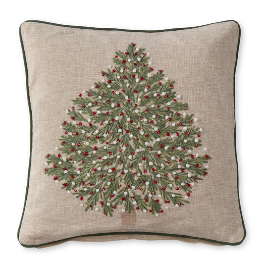 Tan Christmas Tree Pillow w/Red & White Ornaments