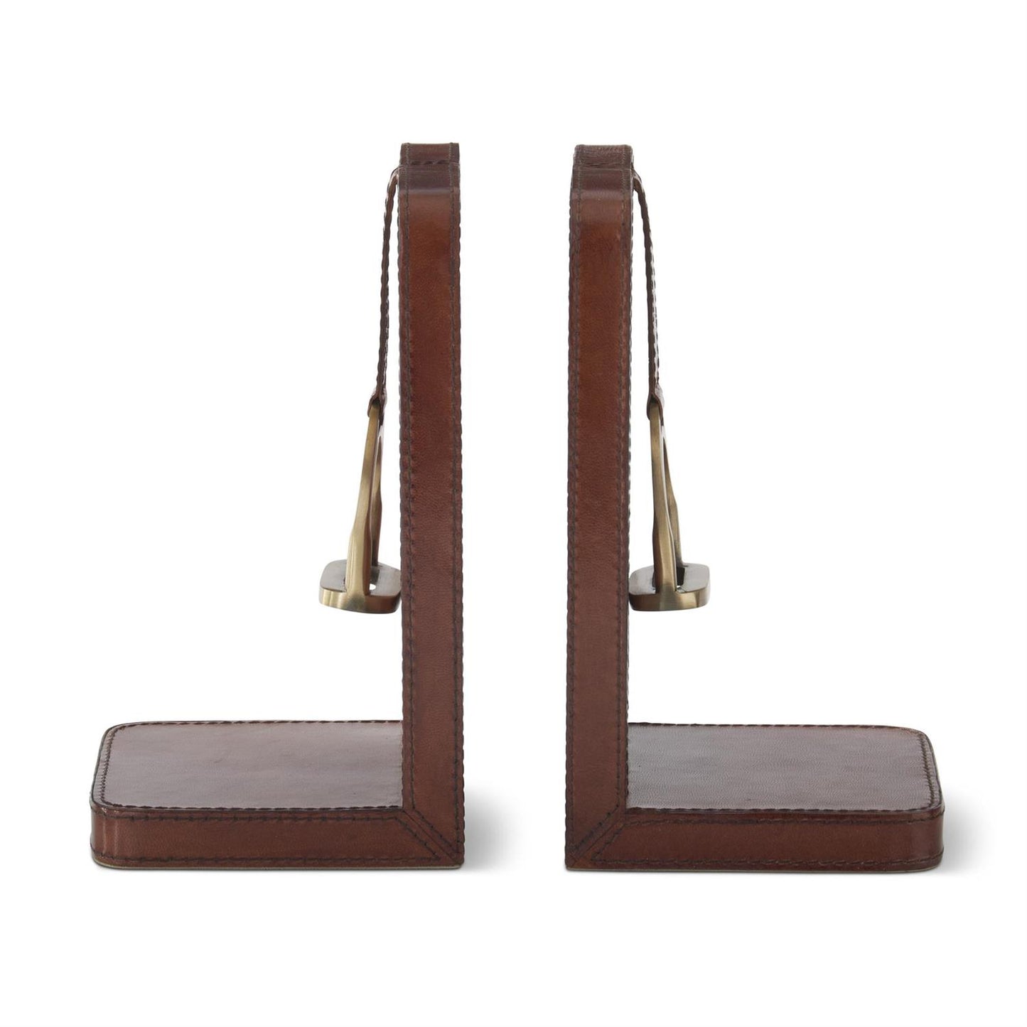 SET OF 2 BROWN LEATHER STIRRUP DETAIL BOOKENDS