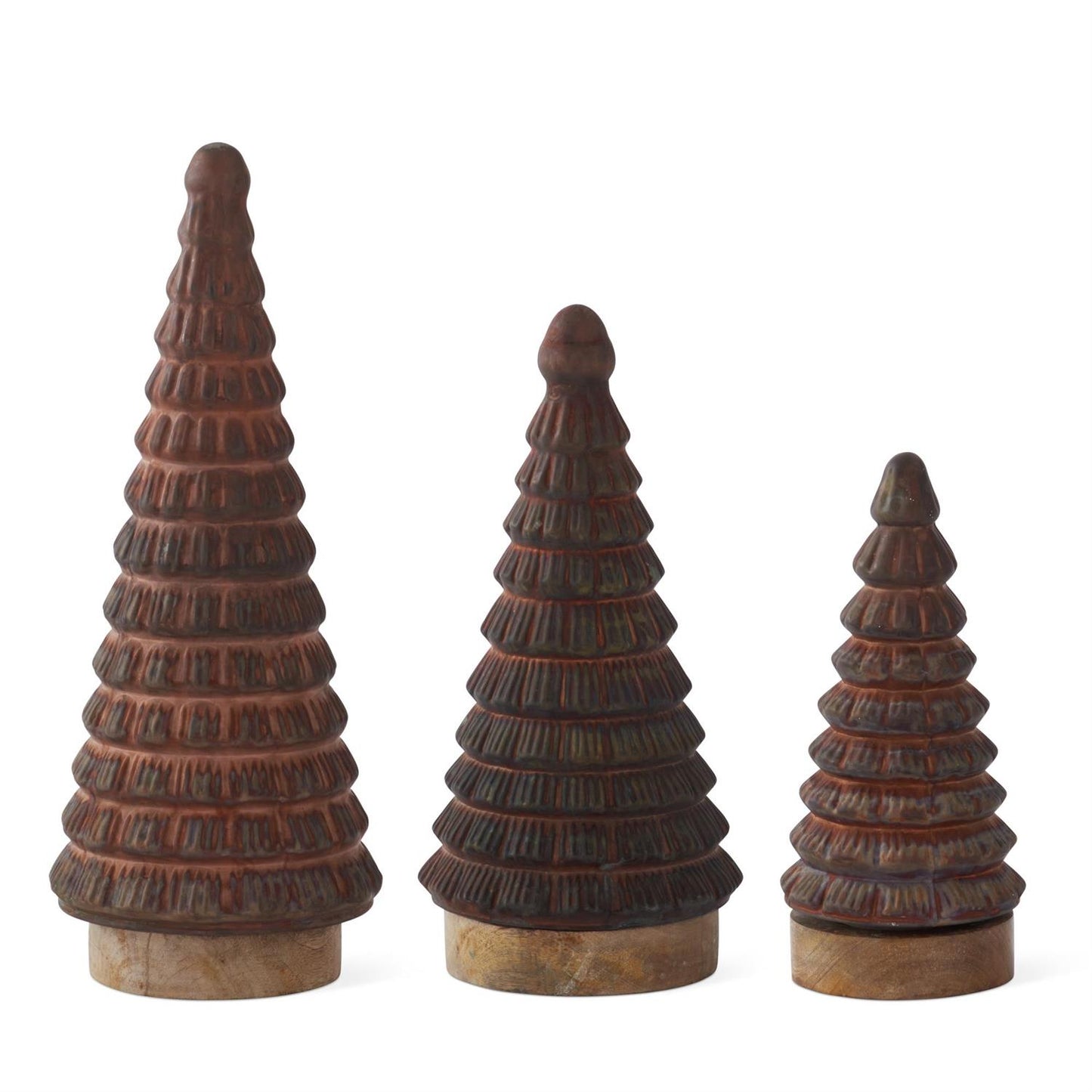 BROWN GLASS CHRISTMAS TREES ON WOOD BASE