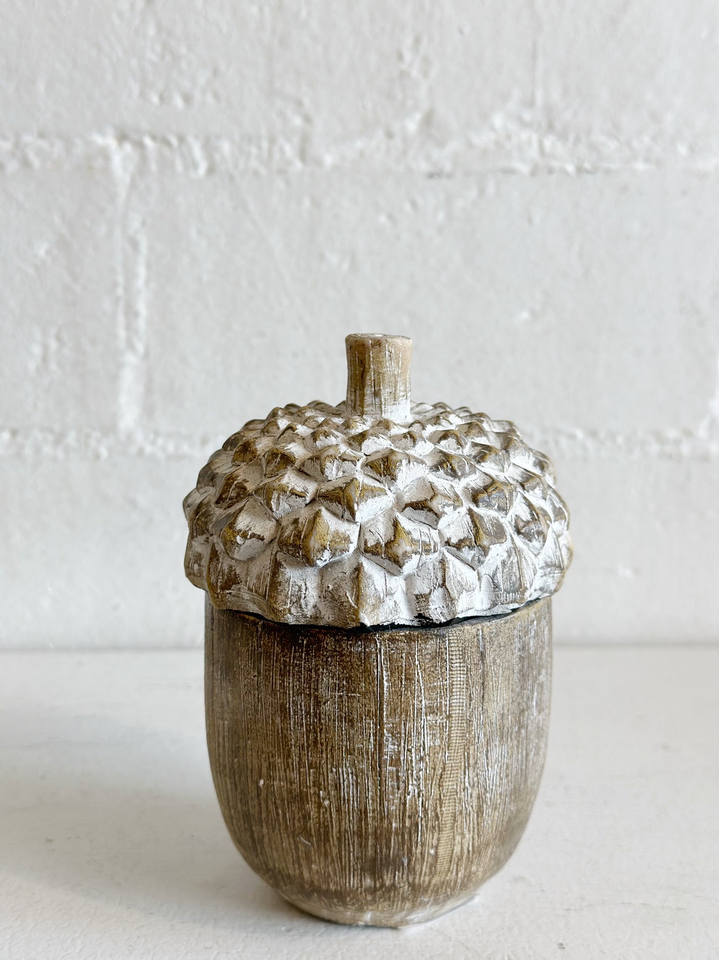 Whitewashed Resin Acorn Lidded Container