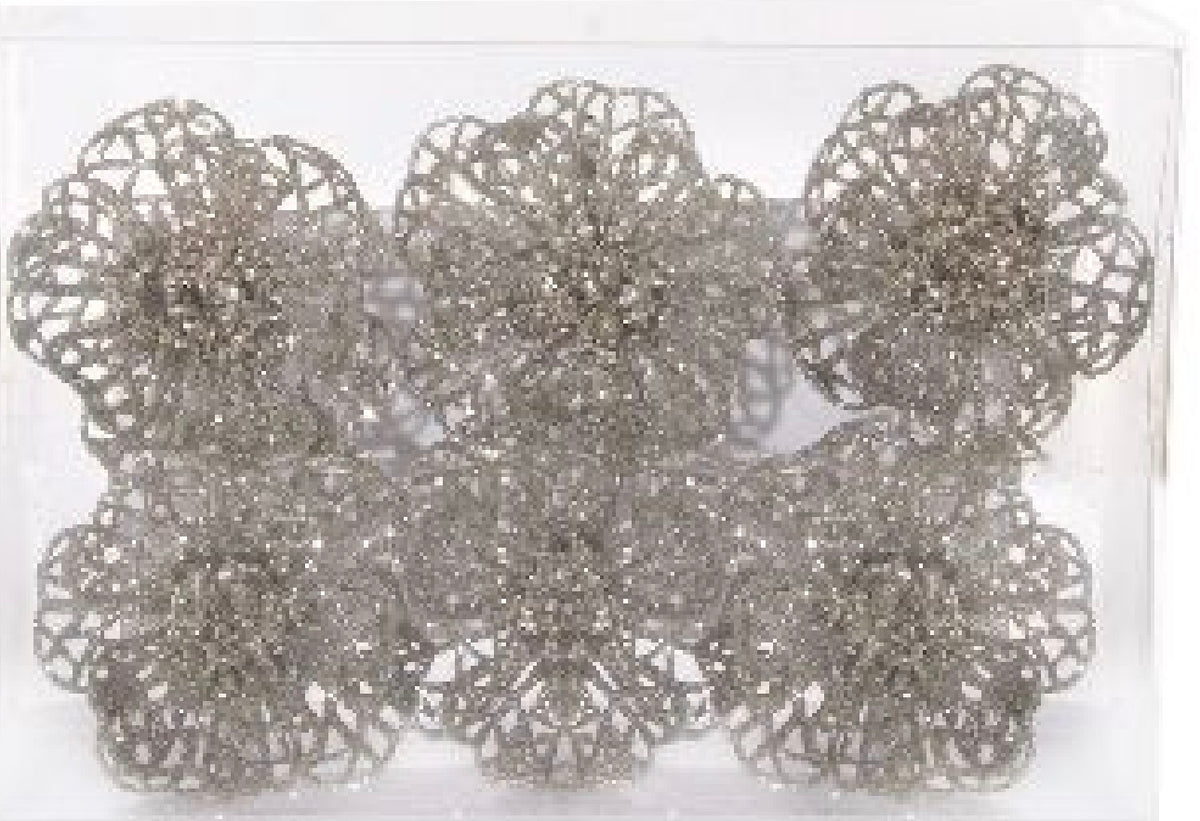 Glitter flower on clip silver 6pcs set