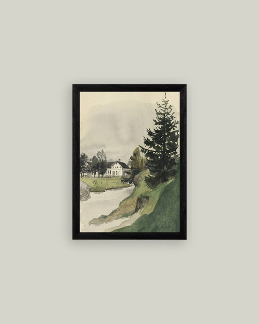 Muted Watercolor Lakeside Framed Antique Art: 11x15