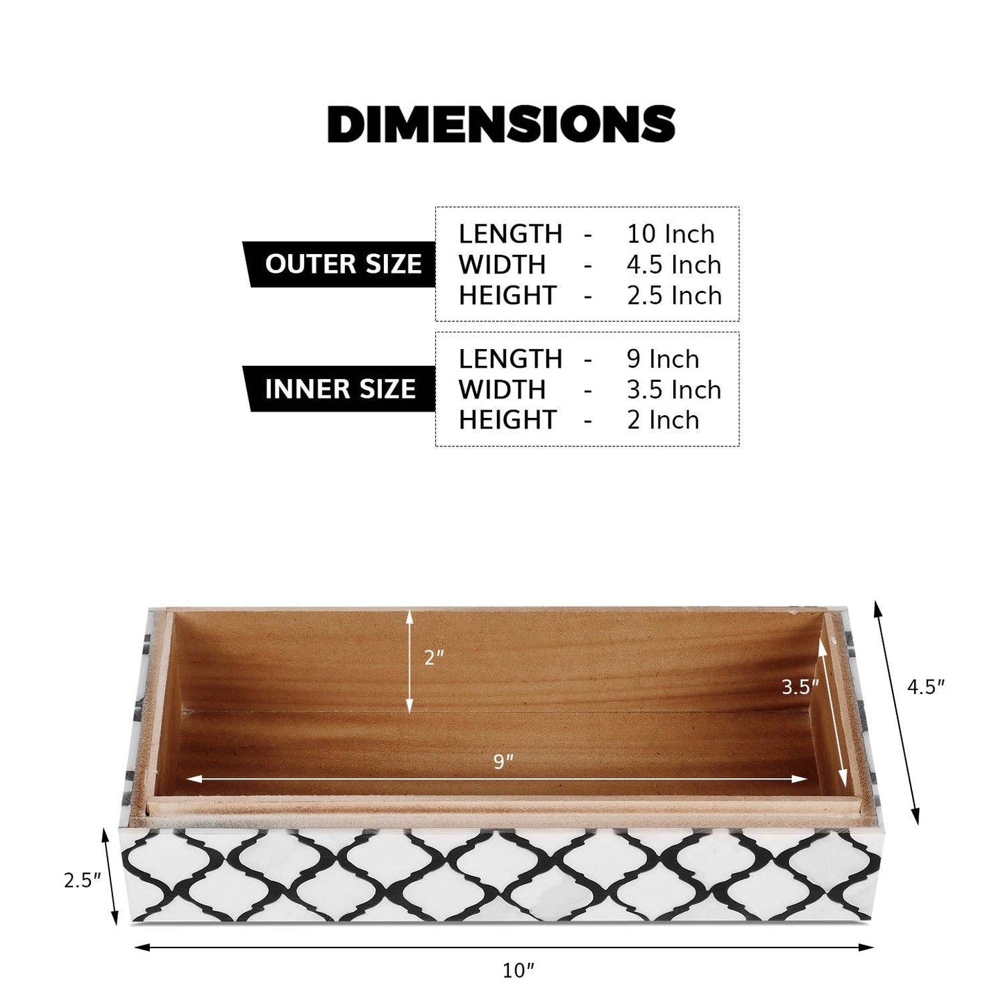 Decorative Box Moroccan Pattern Inspired Black & White 10X4.5X2.5 Inch: Moroccan B&W