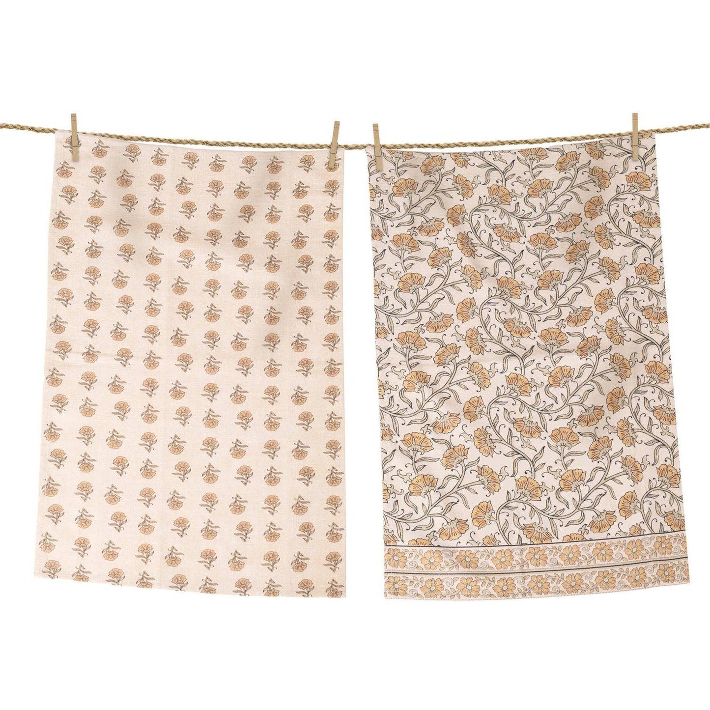 Tea Towels - Block Print, Mustard Floral -Set of 2