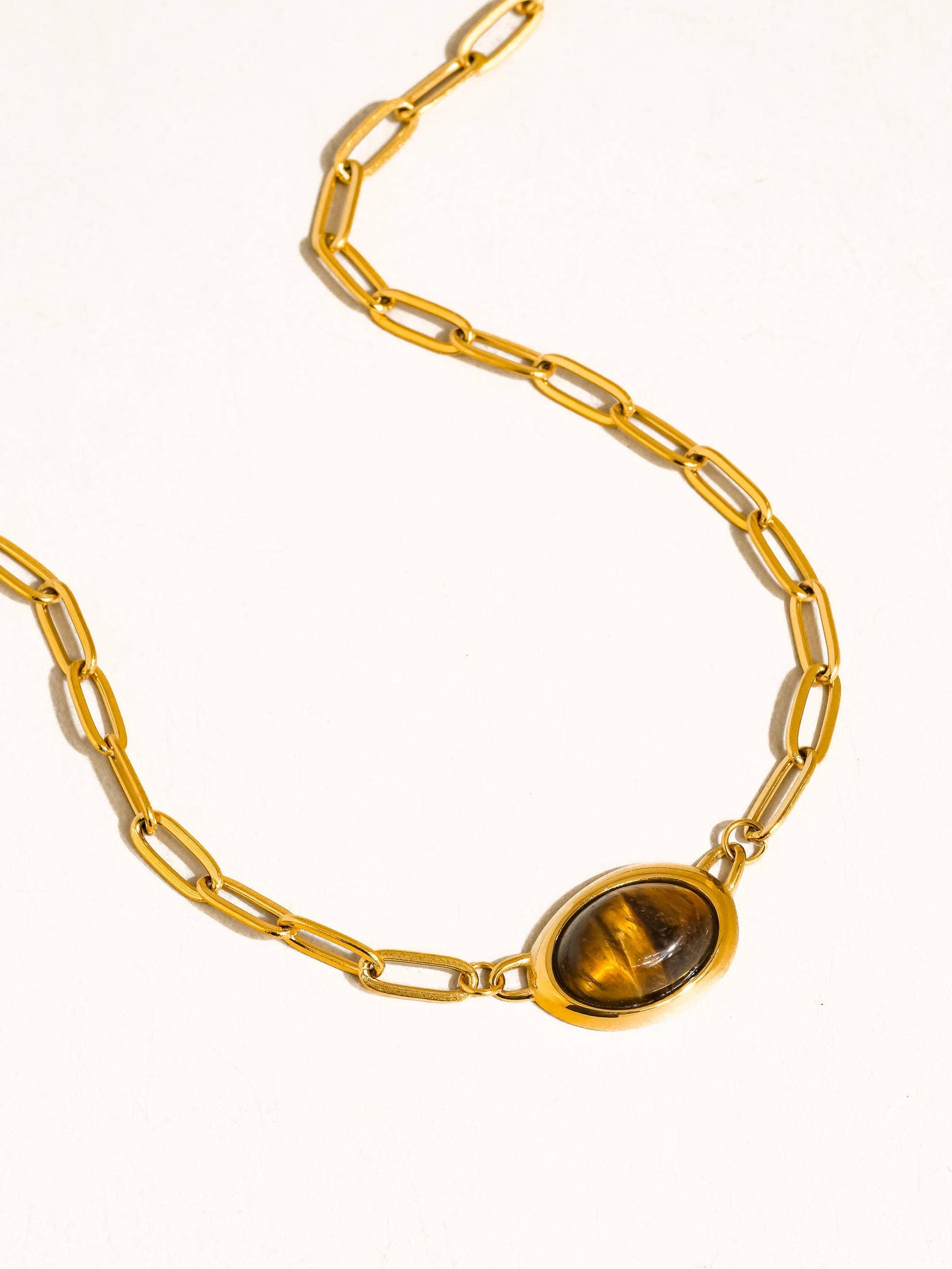 Shay 18K Gold Non-Tarnish Oval Stone Chain Necklace: Brown