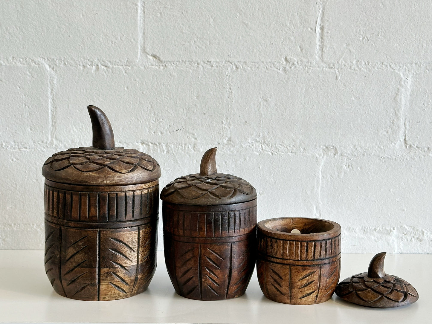 Dark Brown Carved Wood Acorn Container Filled Candles