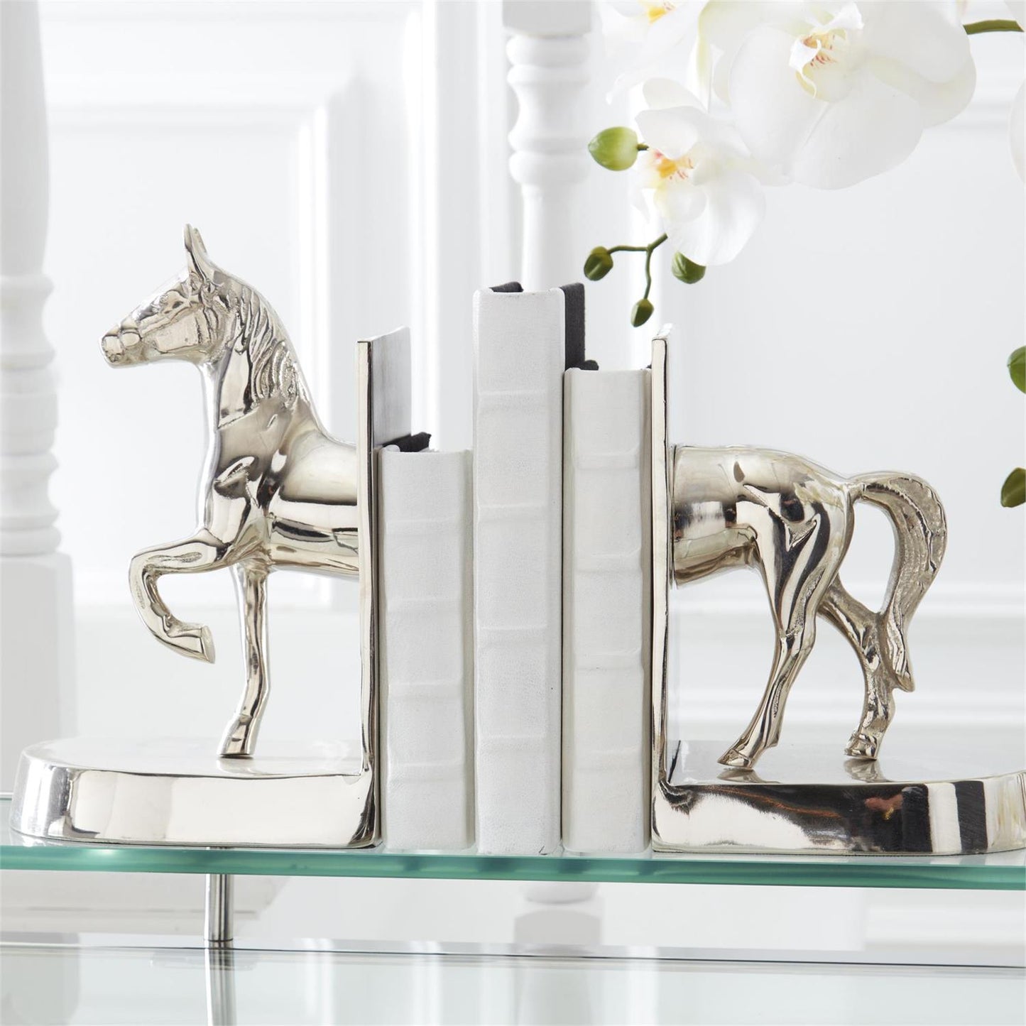 Set of 2 Polished Silver Metal Horse Bookends