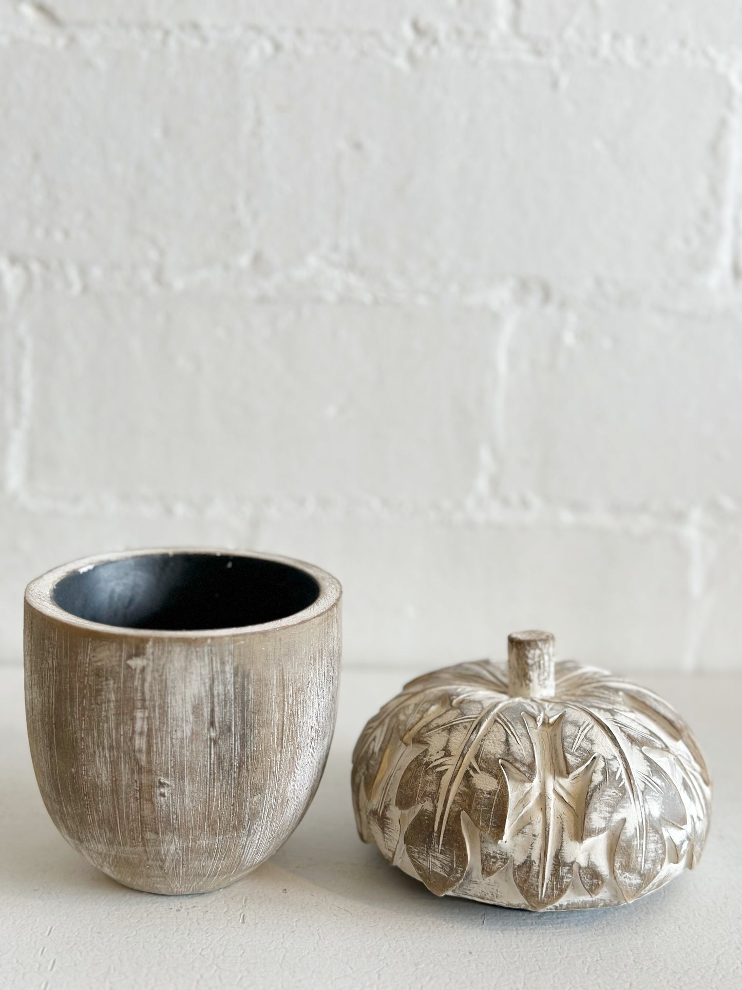Whitewashed Resin Acorn Lidded Container