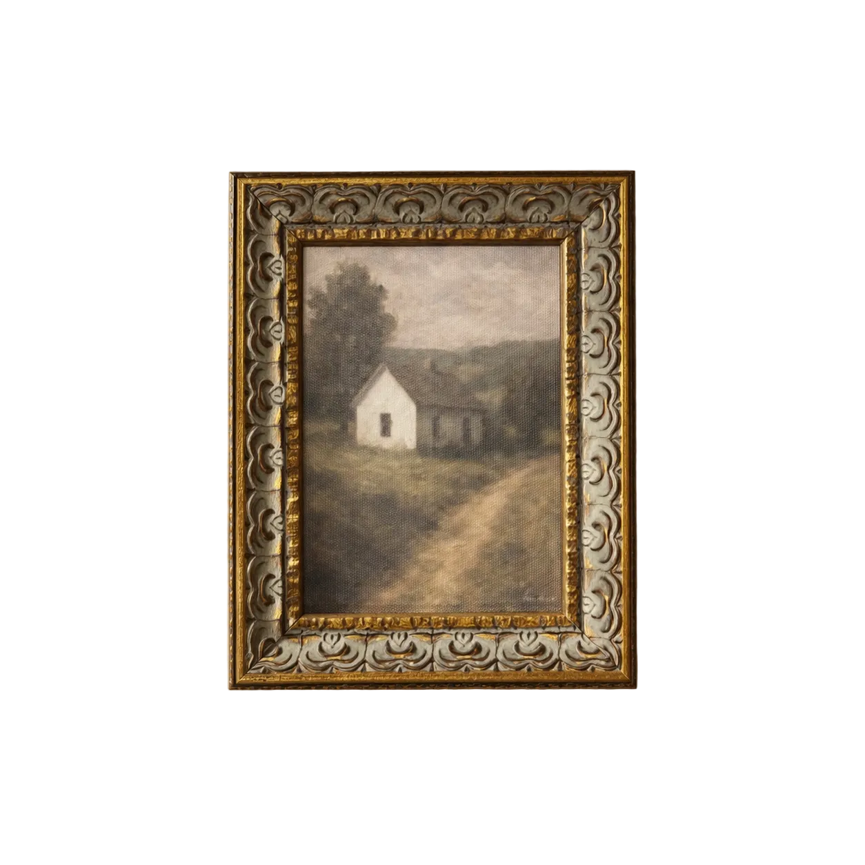 White Farmhouse | Antique Inspired Gold Leaf Crowned Framed Art: 8 x 10