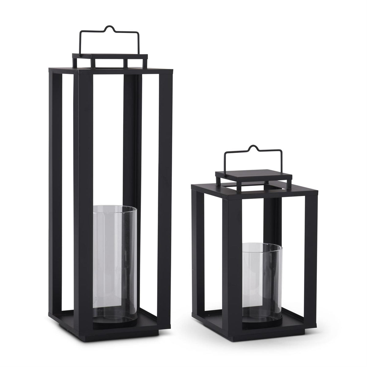 Black Metal Open Lanterns w/Glass Hurricanes