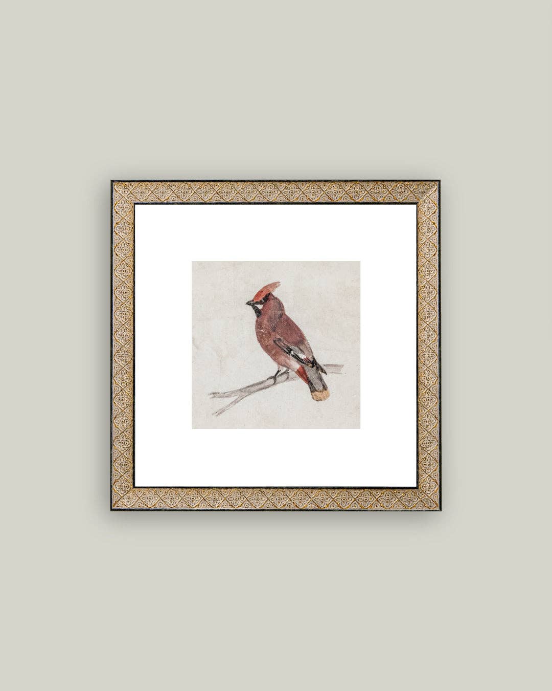 Perched Cardinal Framed Antique Art: 9x9
