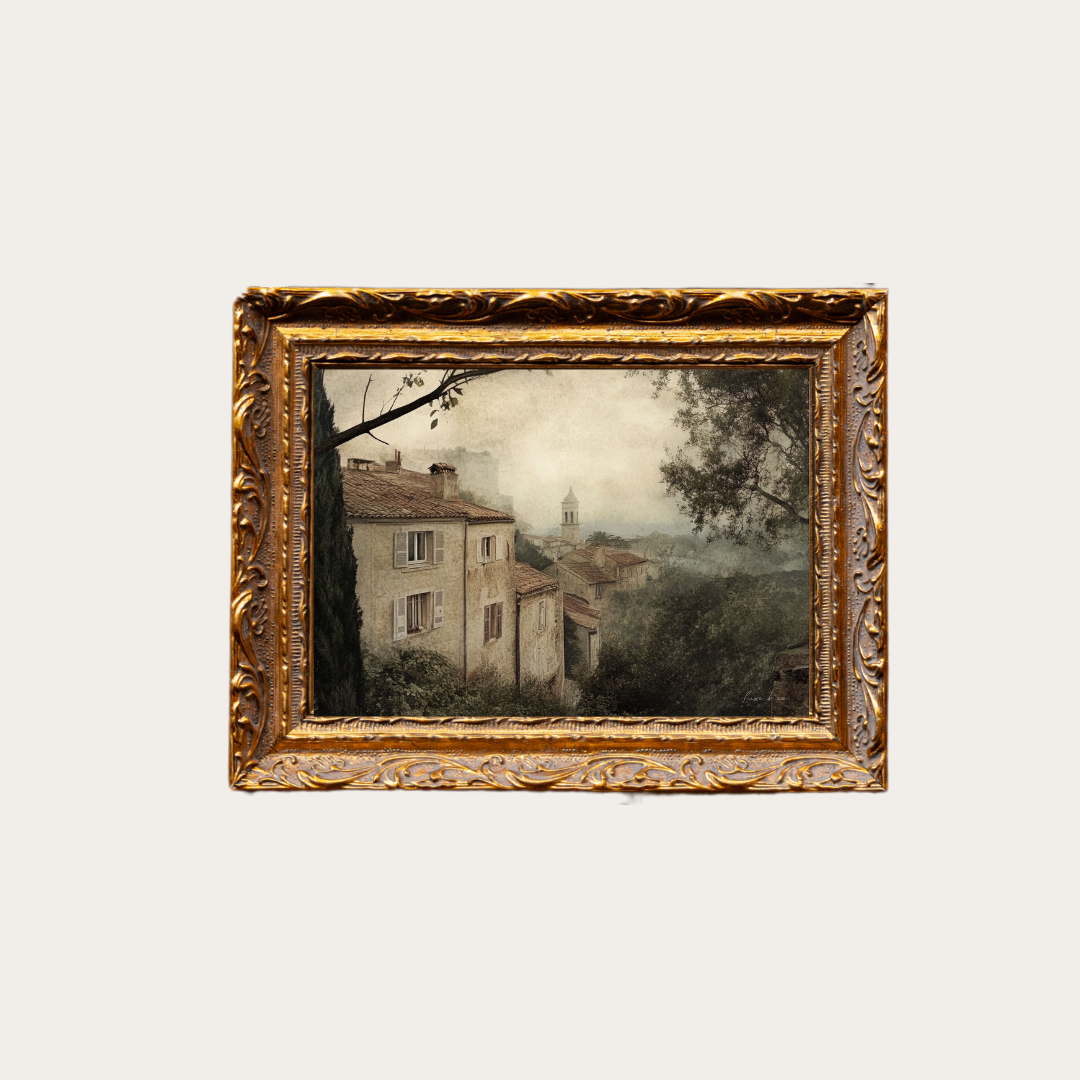 Vintage European Town | French Brass Gold Mould Framed Art: 8 x 10