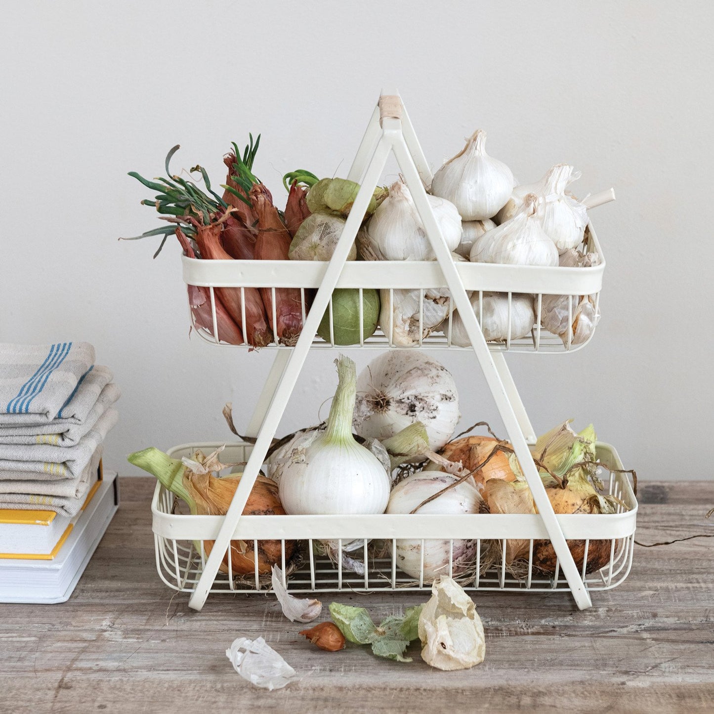 Decorative Metal 2-Tier Tray with Rattan Wrapped Handle, White