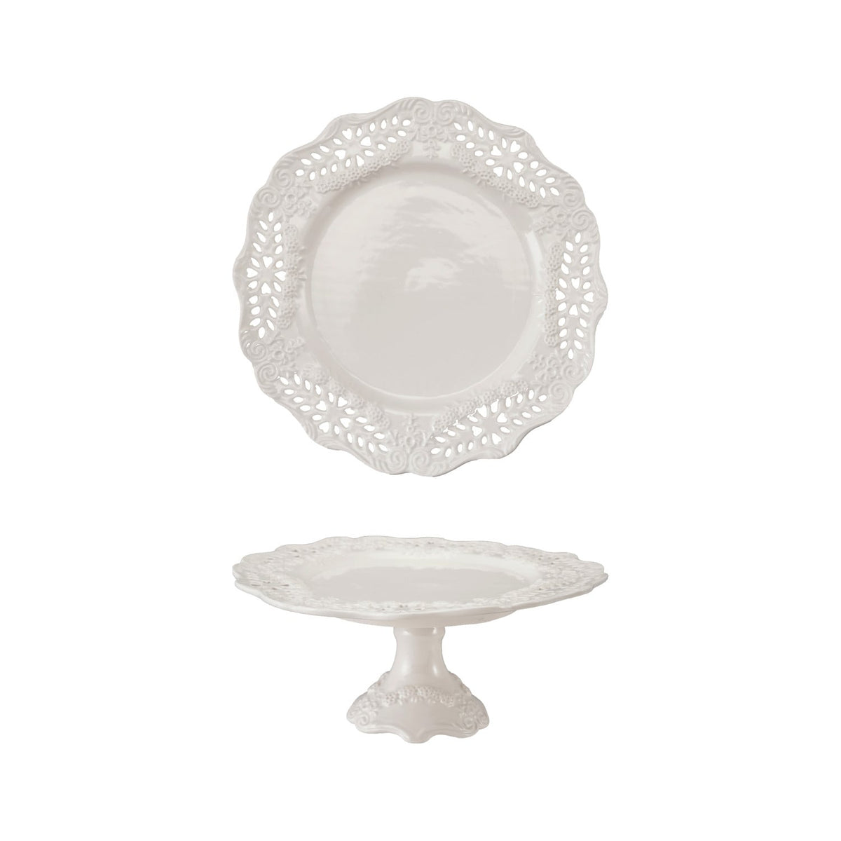 Stoneware Scalloped Pedestal with Pierced Lace Pattern, White