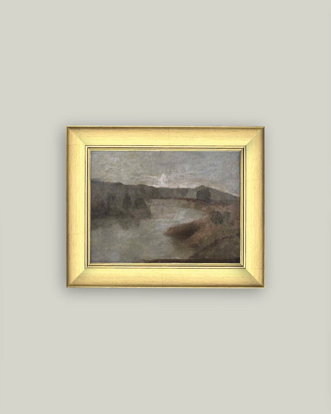 Hazy River Landscape Framed Antique Art: 11x9
