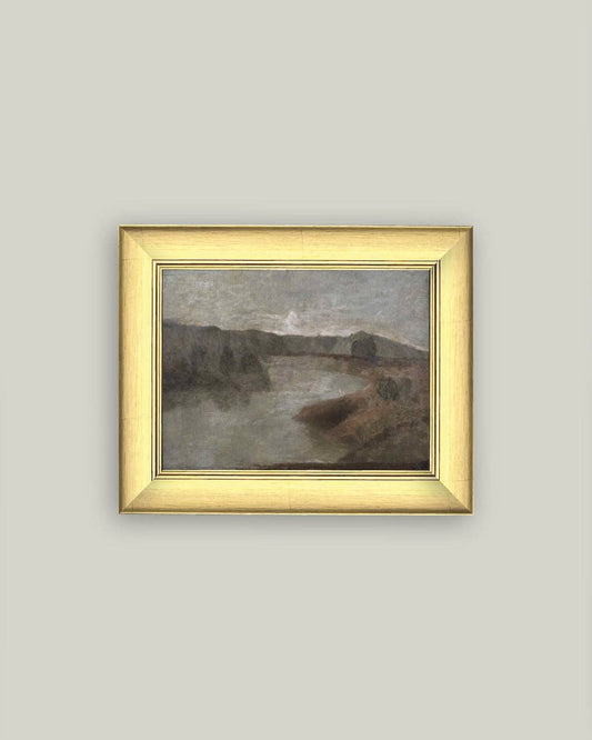 Hazy River Landscape Framed Antique Art: 11x9