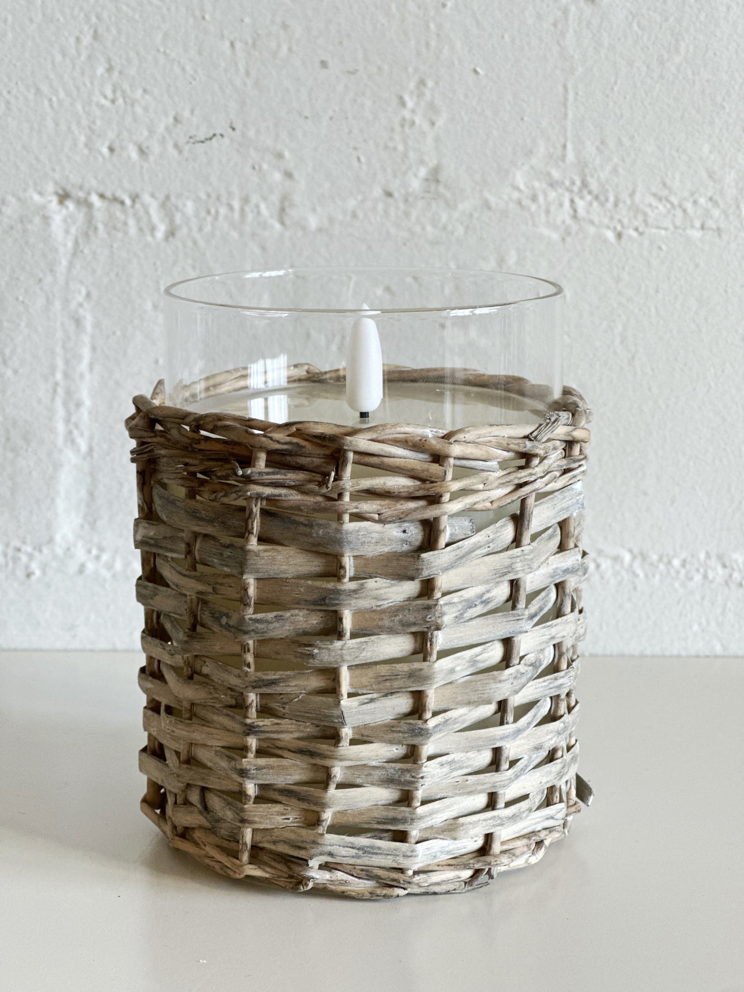 4" W. X 5" H. LED GLASS/WICKER CANDLE