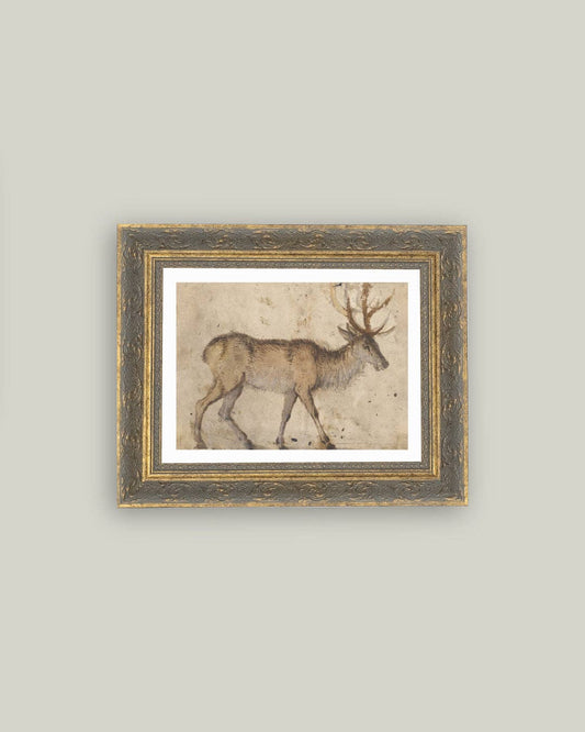 Vintage Reindeer Framed Antique Art: 10x8