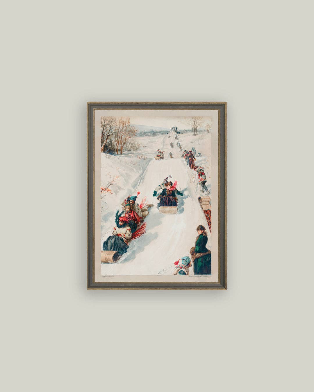 Tobagganing Framed Antique Art: 4x6