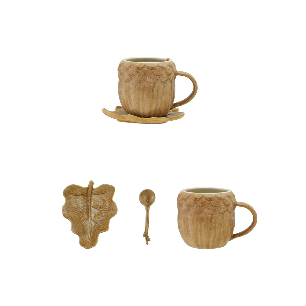 14 oz. Stoneware Acorn Shaped Mug with Saucer & Spoon, Set of 3 (Each One Will Vary)