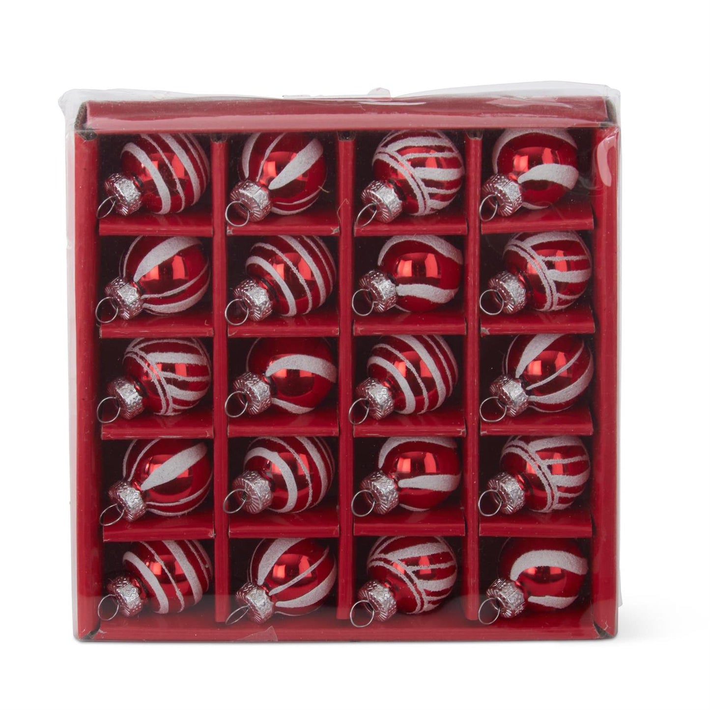 BOX OF 20 MINI 1 INCH RED & WHITE STRIPED GLASS ORNAMENTS