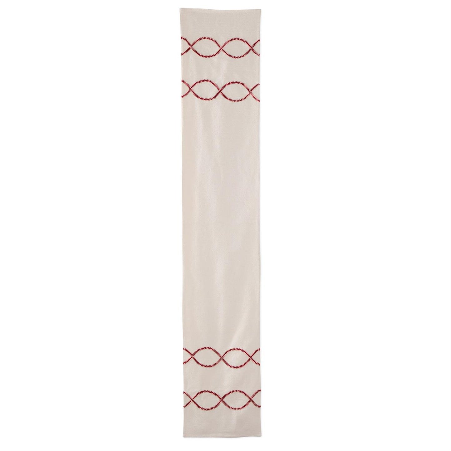 72 INCH CREAM TABLE RUNNER W/RED AND CREAM BRAIDED PATTERN