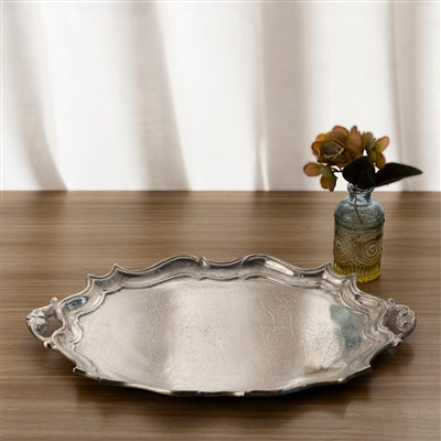 CAST ALUMINUM OVAL BAROQUE TRAY, RAW NICKEL