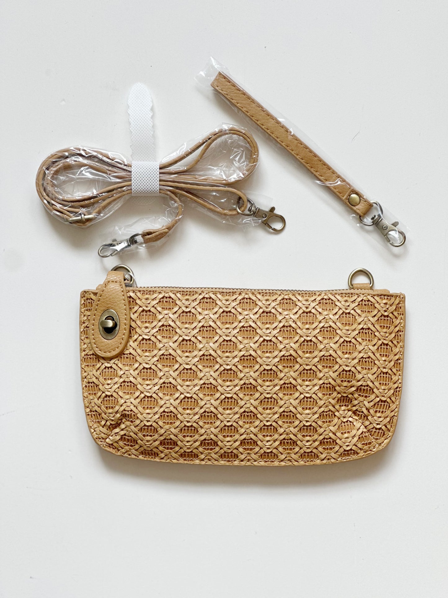 Camel Lattice Woven Mini Wristlet Crossbody