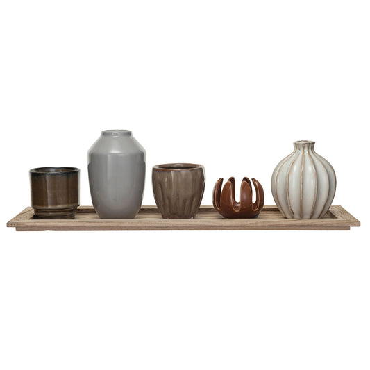 Wood Tray w/ 5 Stoneware Vases/Votive Holders