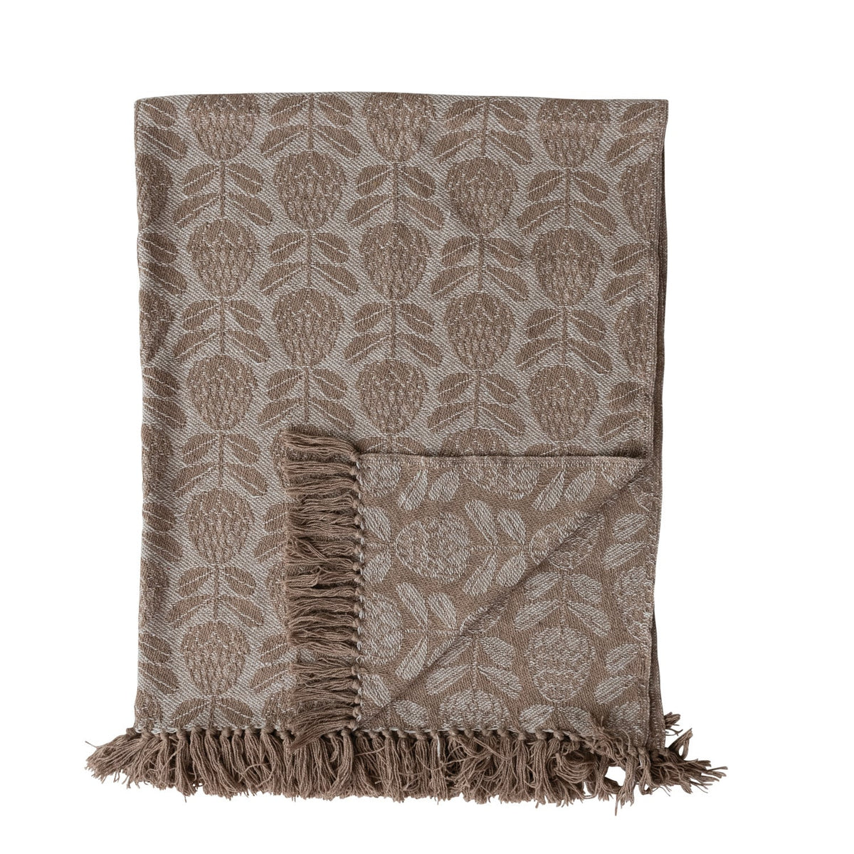 Woven Recycled Cotton Blend Jacquard Throw with Floral Pattern & Fringe