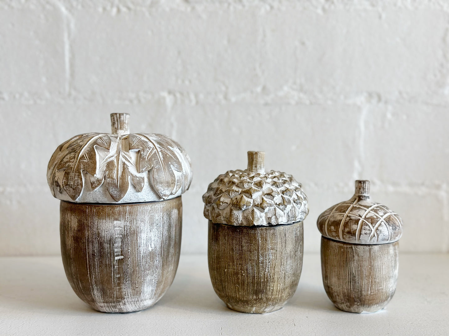 Whitewashed Resin Acorn Lidded Container