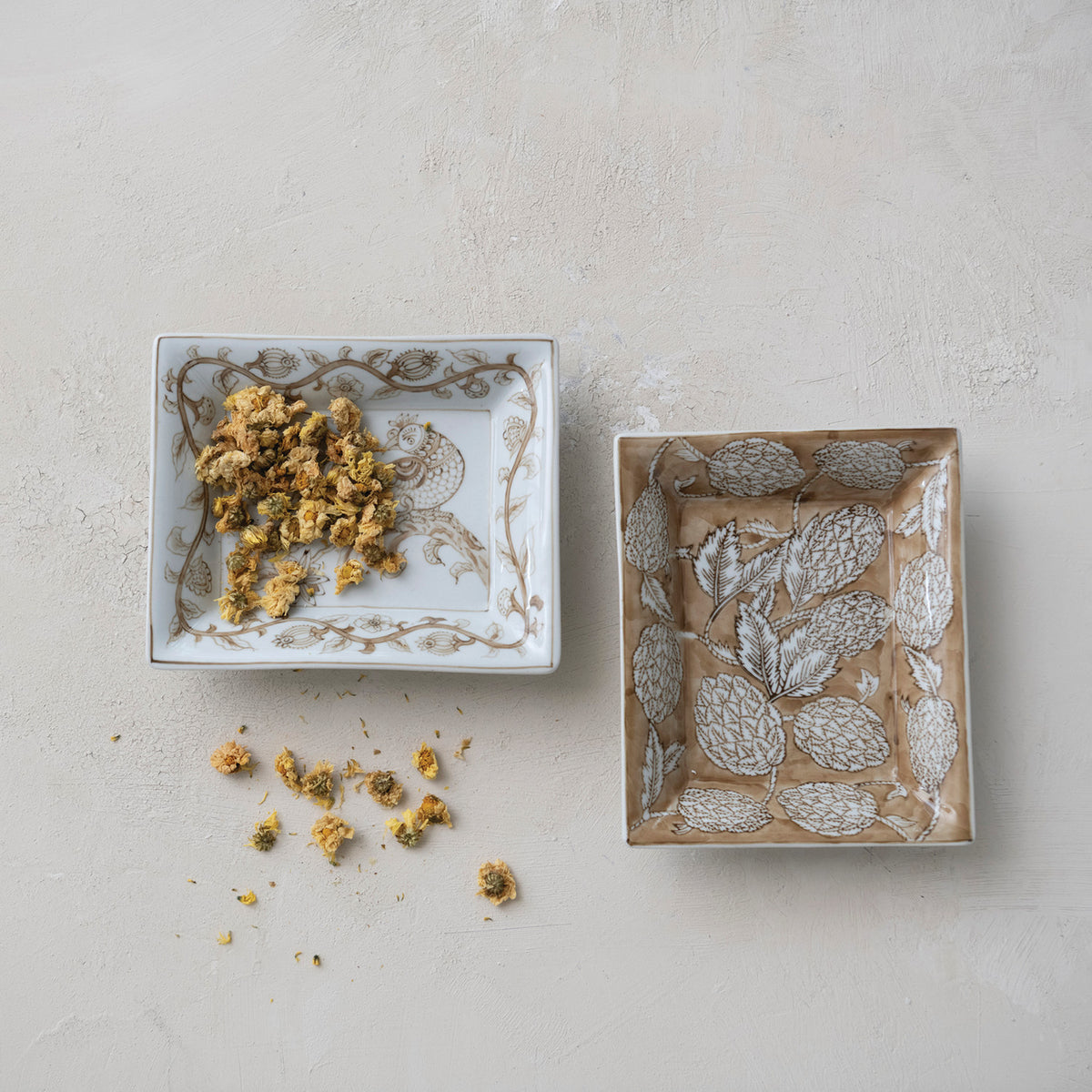 Decorative Hand-Painted Stoneware Dish with Bird & Botanicals