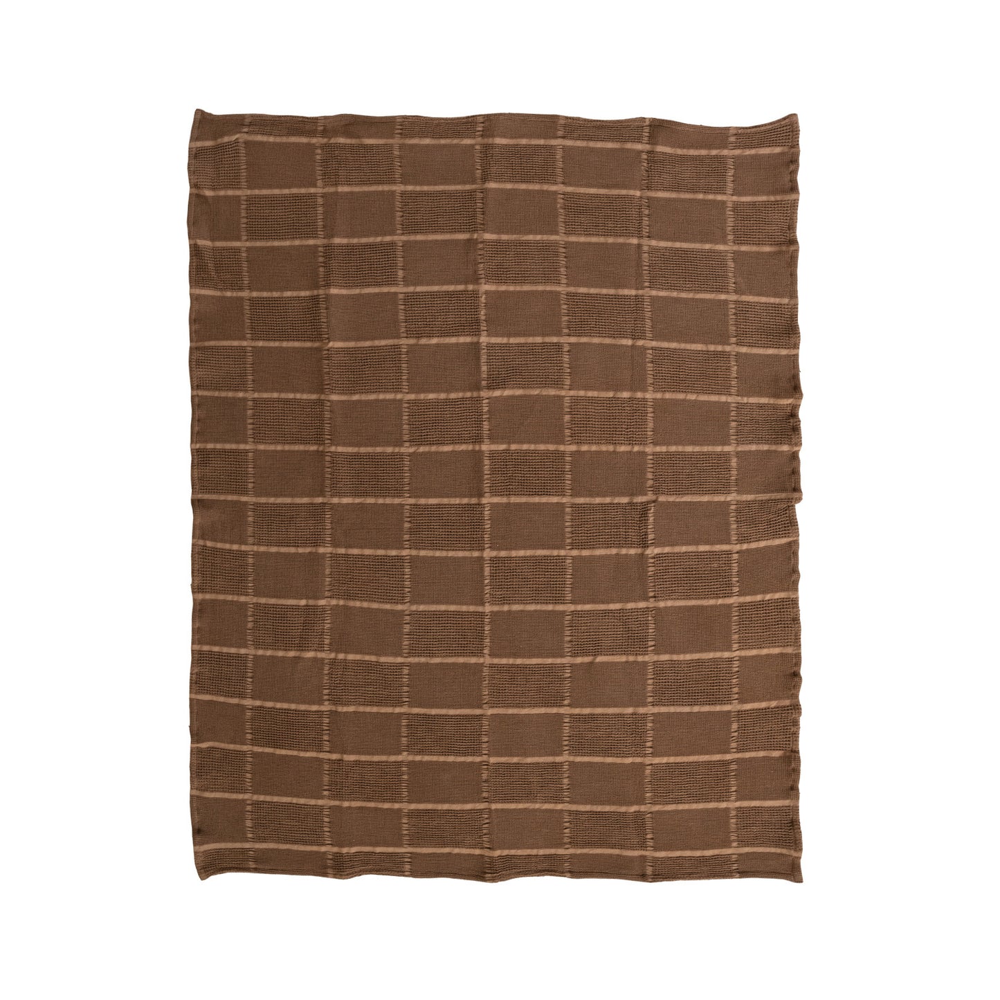 60"L x 50"W Cotton Waffle Weave Throw with Grid Pattern, Brown