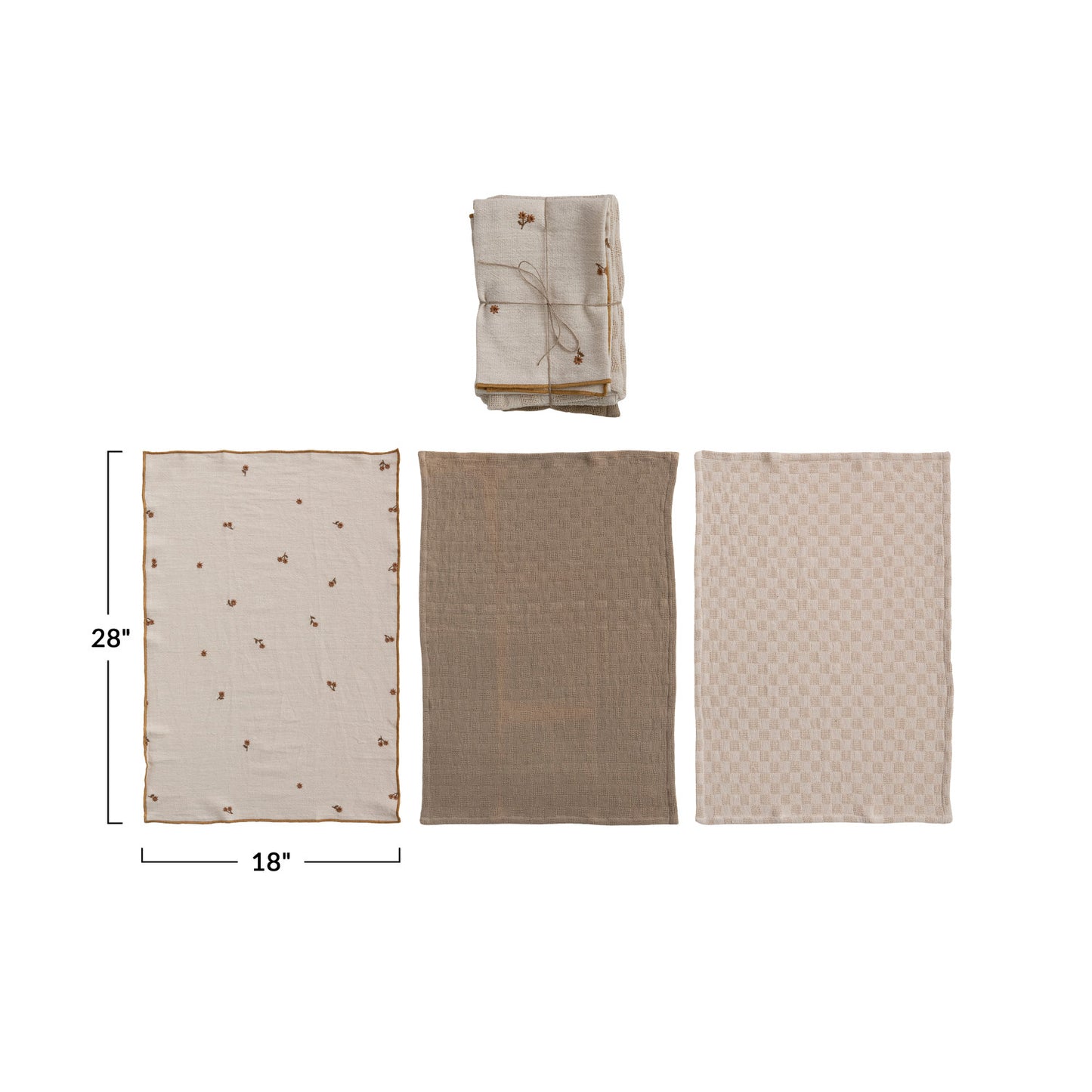 Cotton Tea Towels with Waffle Weave, Set of 3 Tied with Jute