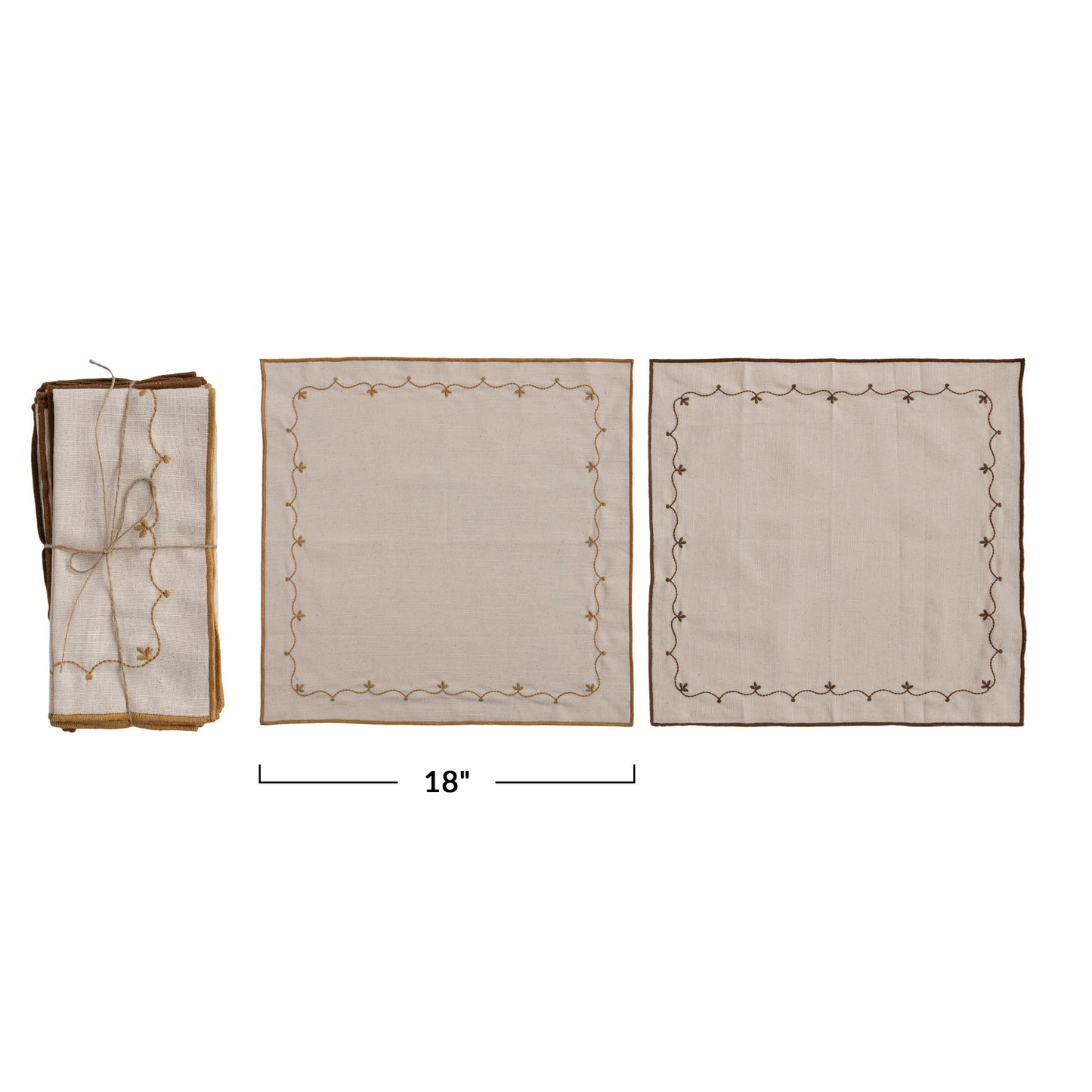Cotton Napkins with Floral Embroidery, Set of 4 Tied with Jute