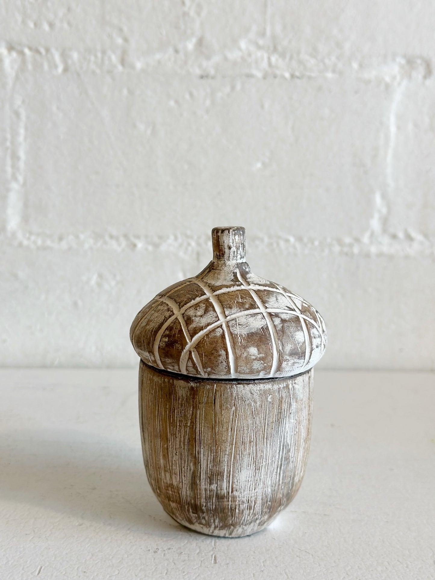 Whitewashed Resin Acorn Lidded Container
