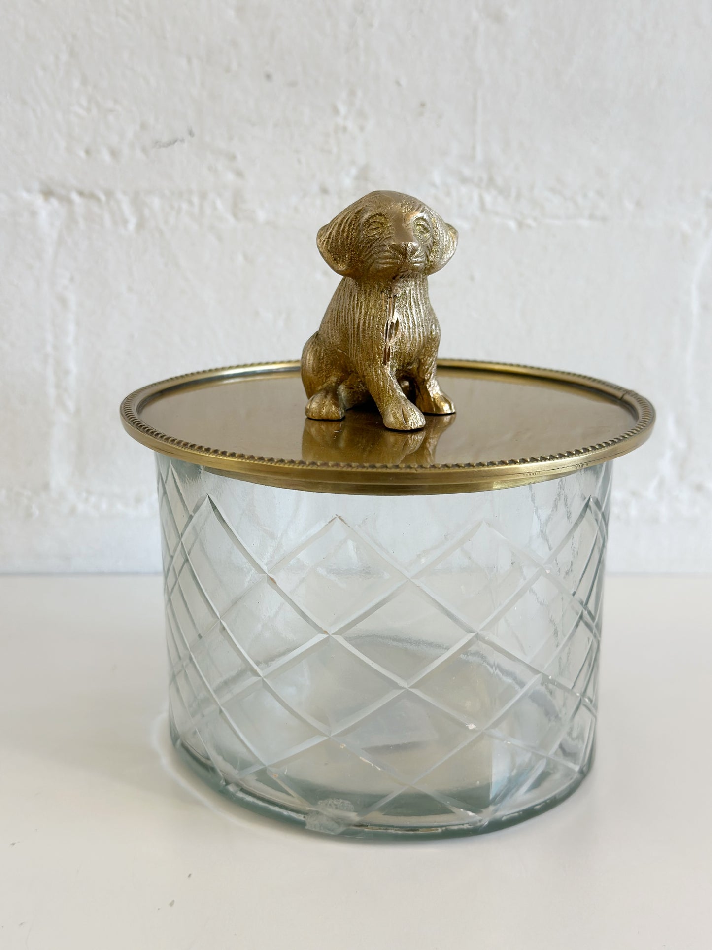 Antique Style Brass Puppy Etched Glass Box