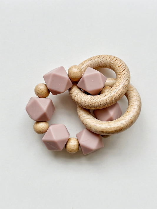 Silicone & Wooden Ring Teething Rattle: Pink
