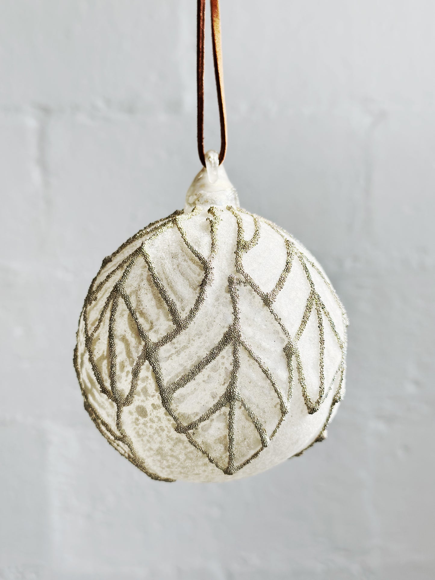 Glass Ball Sugared Leaves with Silver Beads Ornament