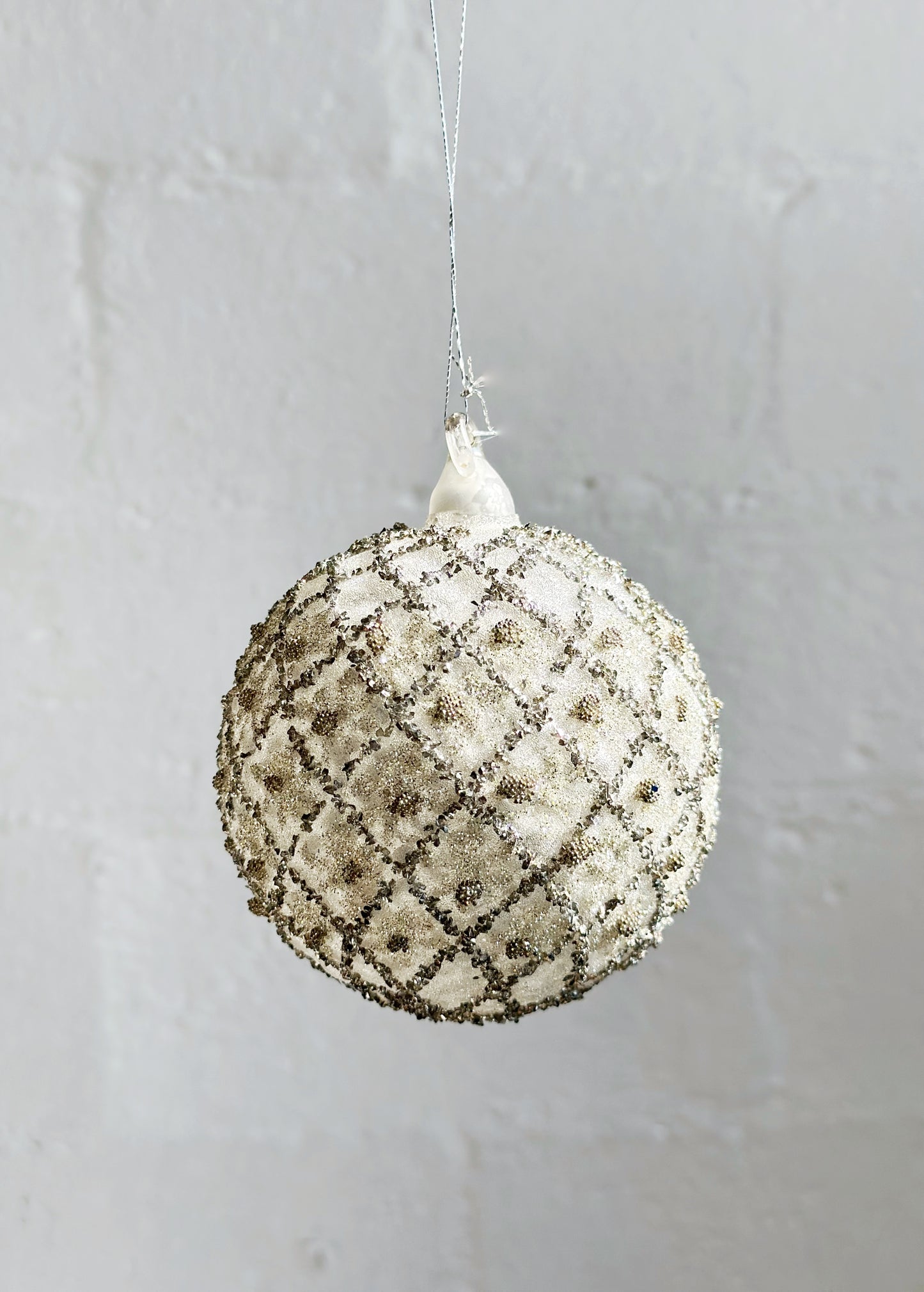 Glass Net Ball Sugared Antique White Mat w/Silver & Gold Glitter Ornament