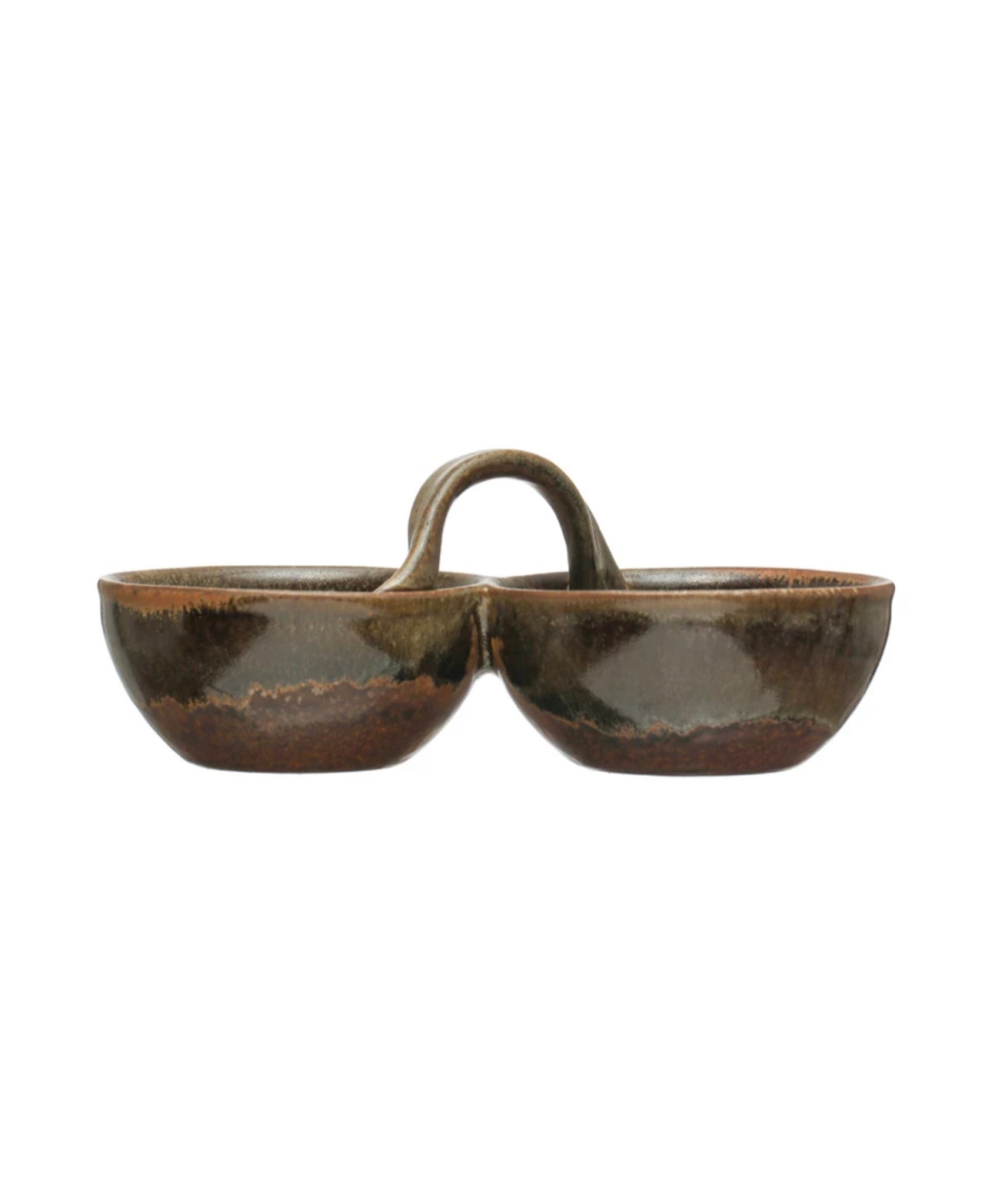 Stoneware Dish w/ 2 Sections & Handle