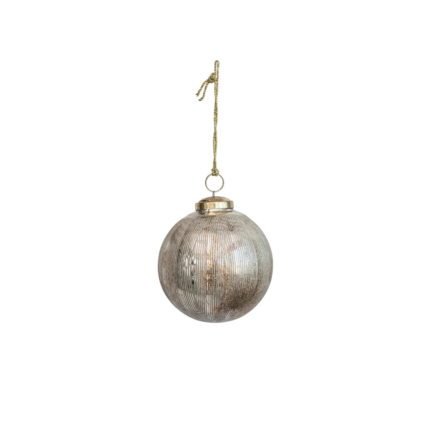 Glass Ribbed Ball Ornament, Antique Silver Finish