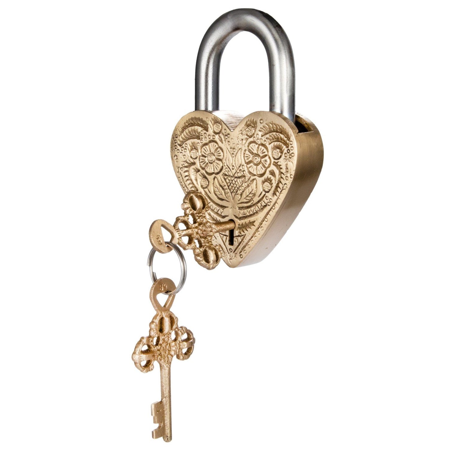 Debossed Brass & Stainless Steel Heart Shaped Lock w/ 2 Keys, Set of 3