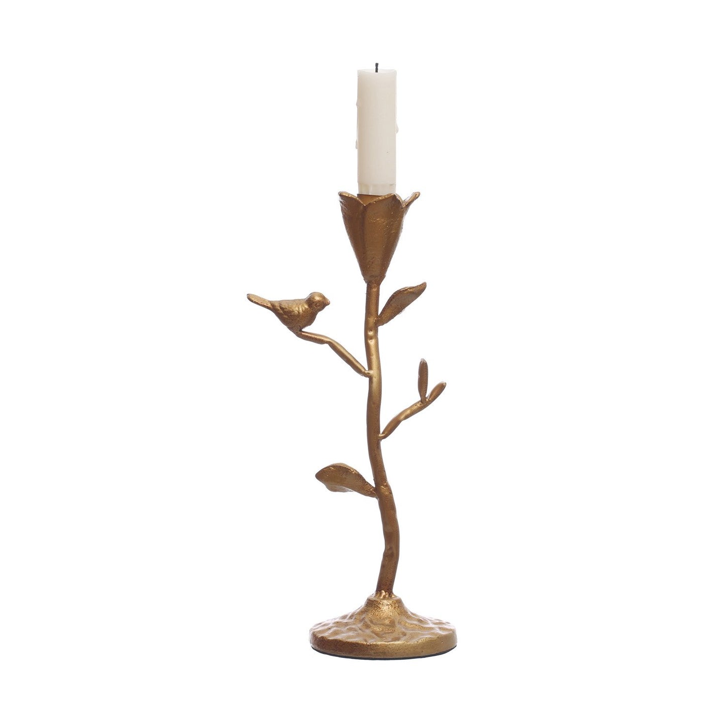 Hand-Forged Cast Iron Flower Taper Holder w/ Flowers & Bird